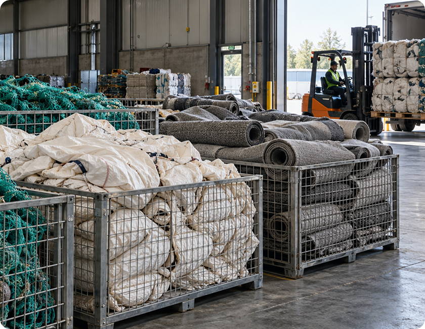 Collected nylon fabrics, fishing nets and carpet waste at a recycling facility