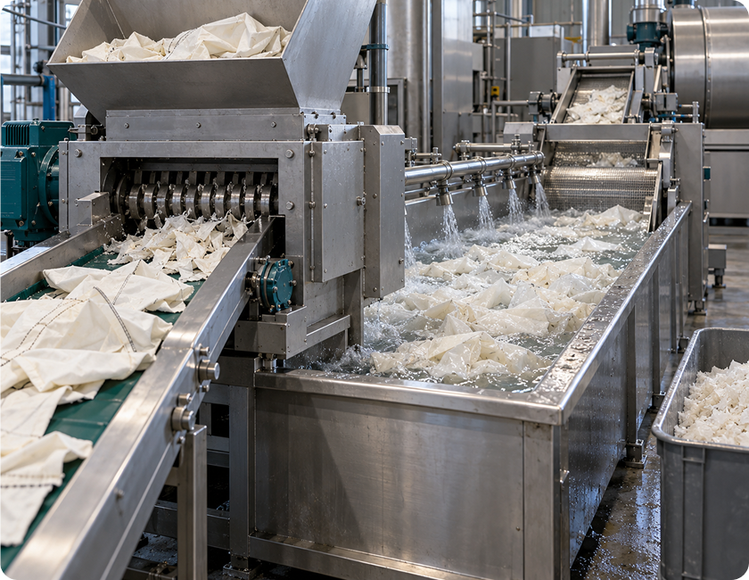 Nylon waste undergoing shredding and washing on a pre-treatment line