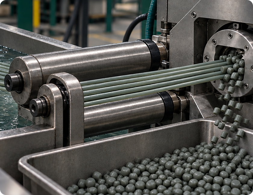 Recycled nylon strands being extruded and cut into pellets